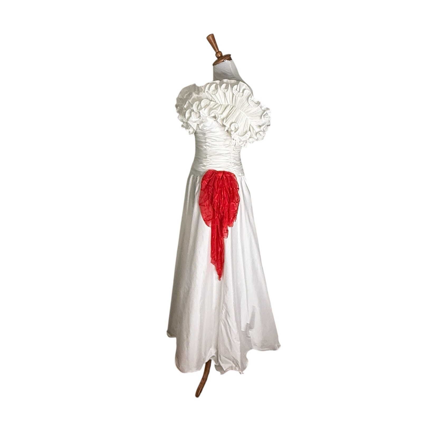 Vintage 80s Alyce Designs White Taffeta Ruffle Prom Formal Dress XS