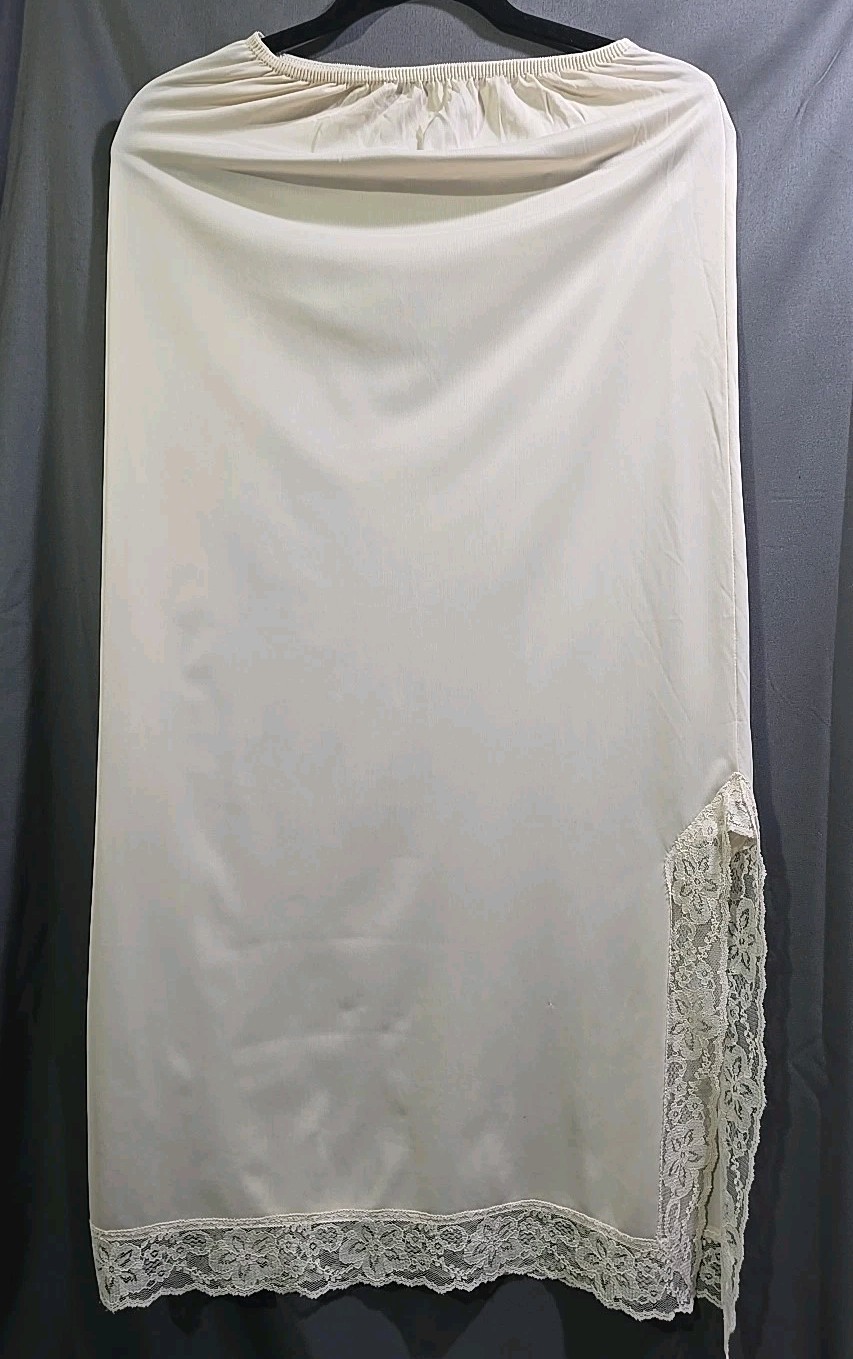 Vintage Nylon Formal Half Slip Lacy Slit Ivory Nylon Waist 24″-32″ Length 37″