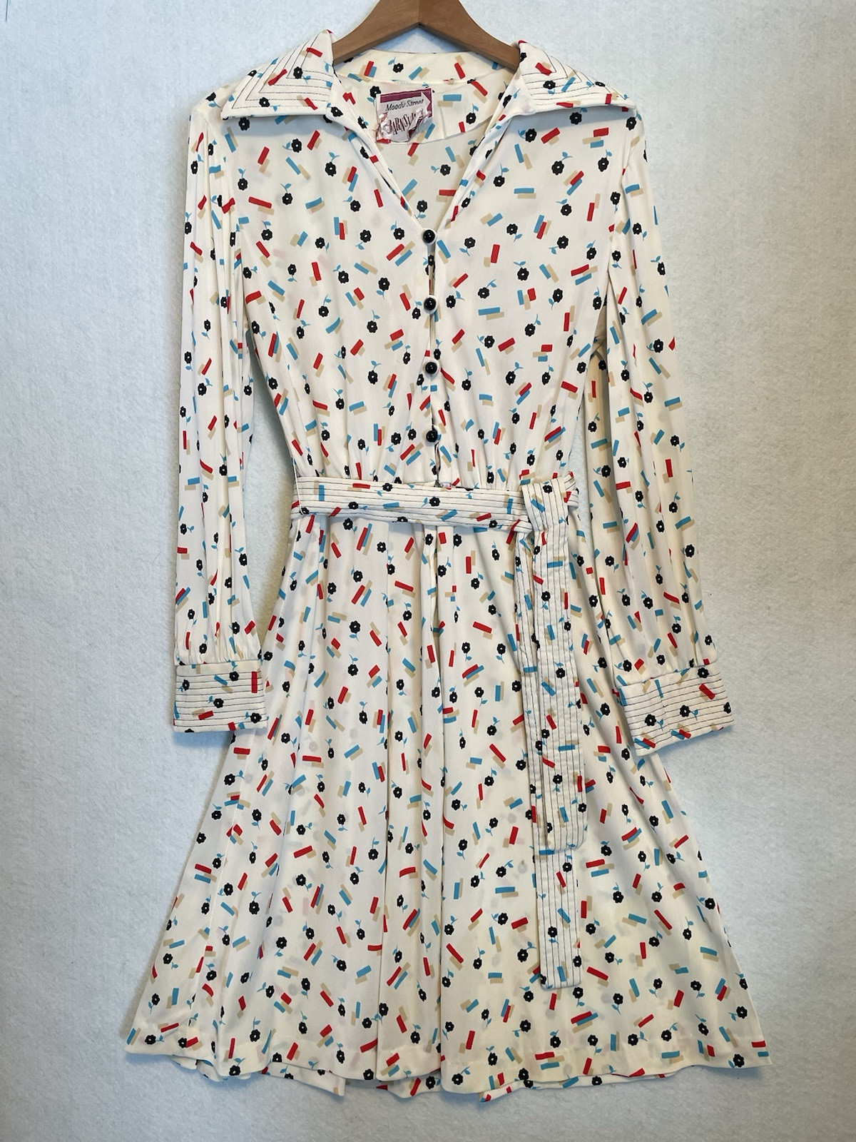 Vtg Moody Street Barnsville Retro Floral Geometric Women’s Belted Dress Sz 2/4