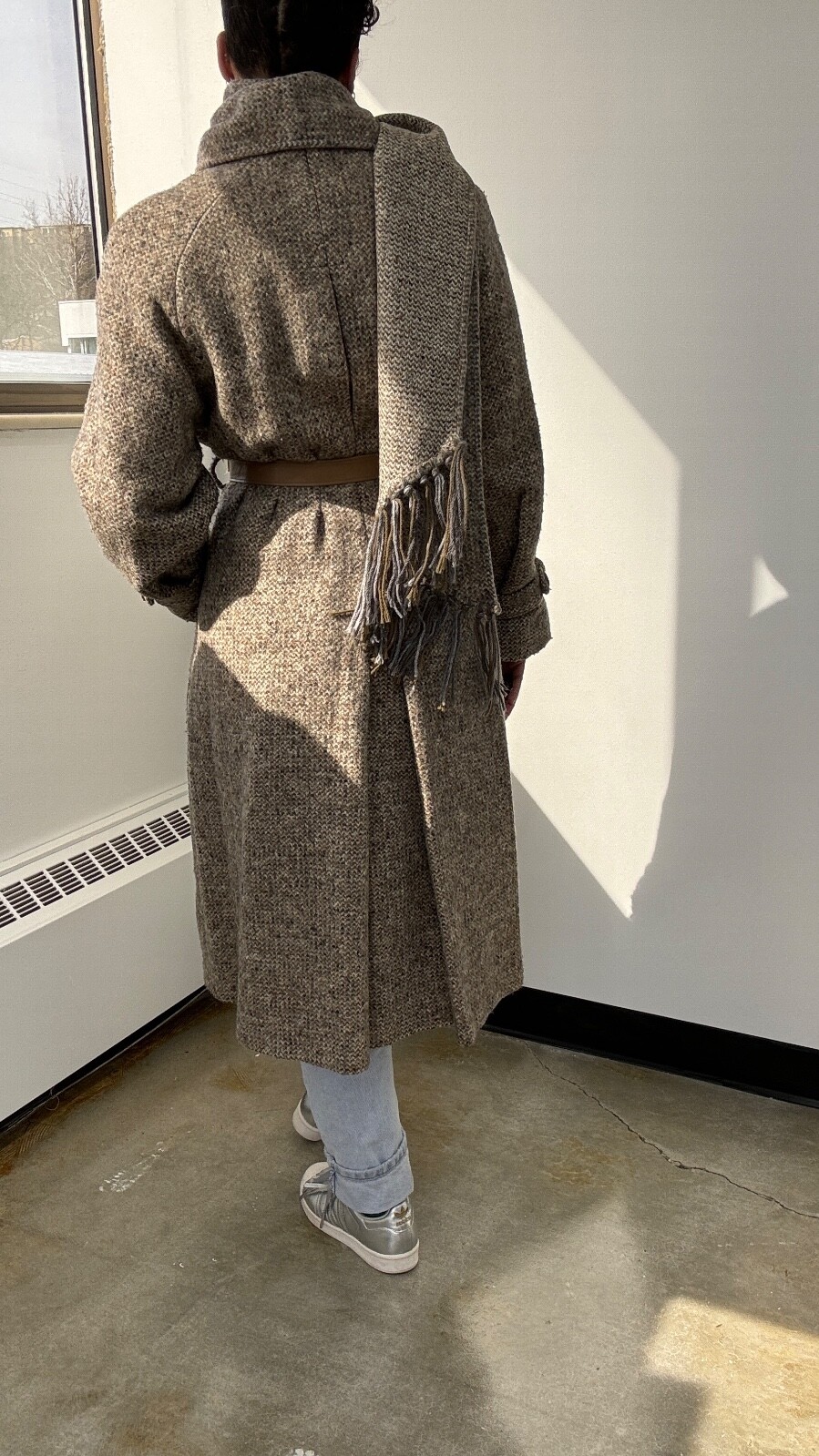 VTG 70s/80s Wool Blend Tweed Full Length Coat with Matching Scarf Set: Size M