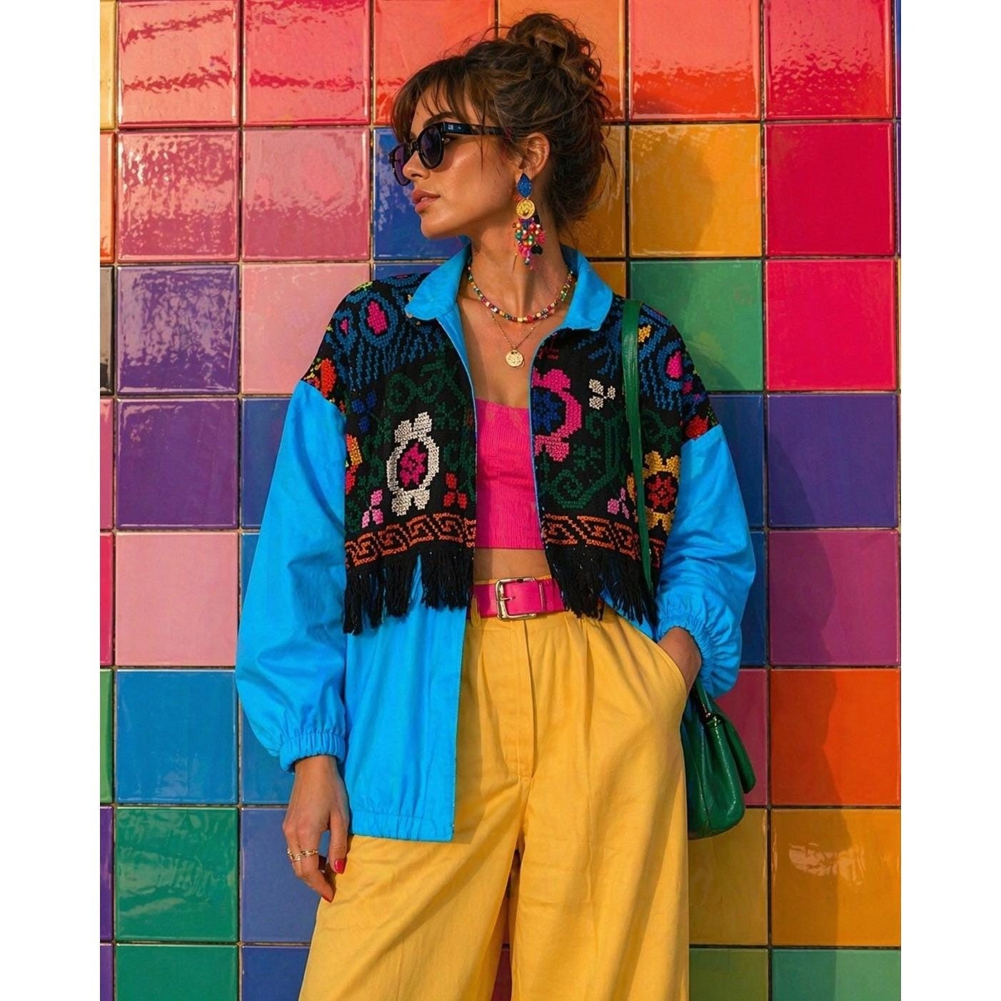 Vintage Granny’s Closet Jacket Embroidered Folk Art Boho Fringe Turquoise Blue