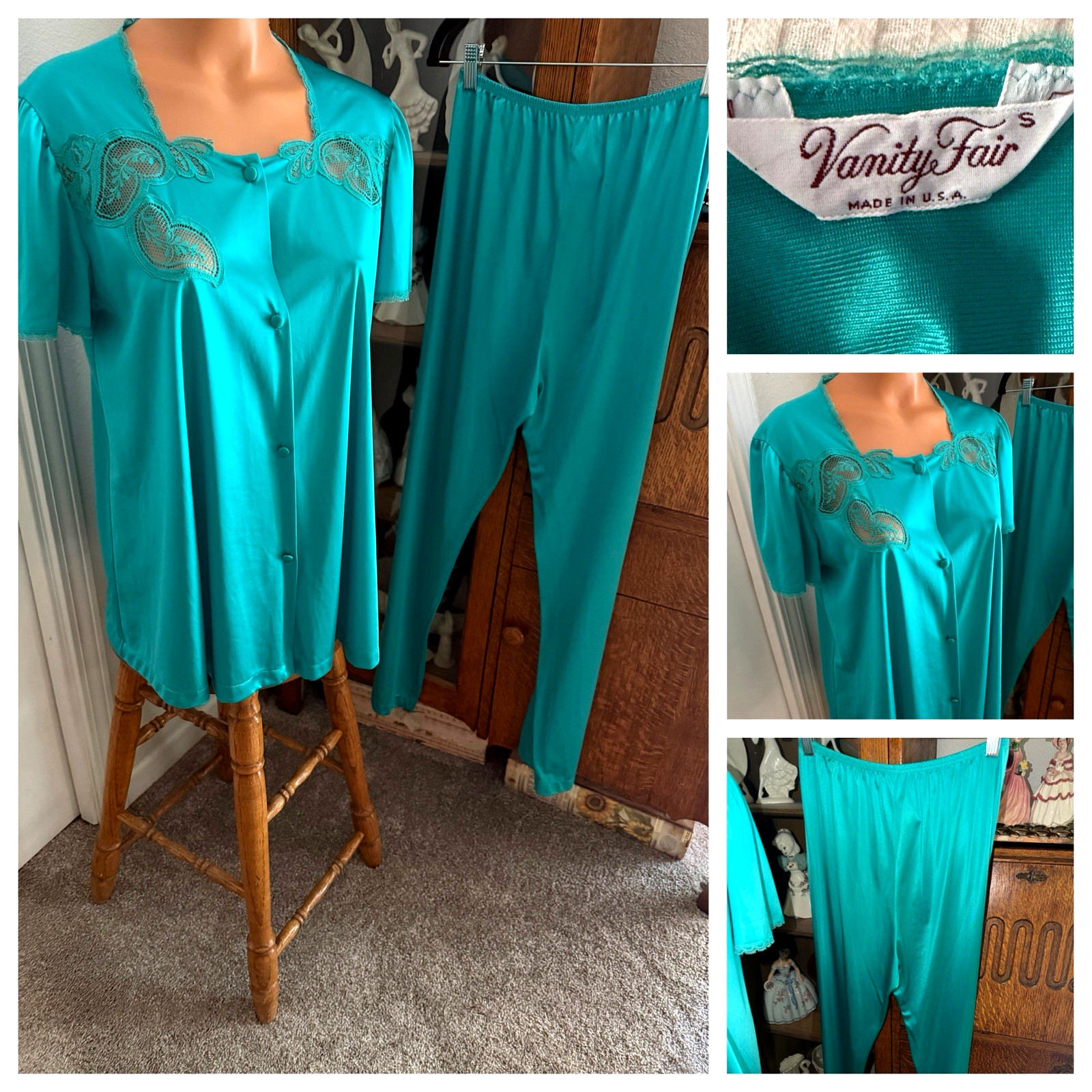 VTG 70’S VANITY FAIR TEAL GREEN W/ APPLIQUE LACE INSETS NYLON PAJAMA SET SZ S