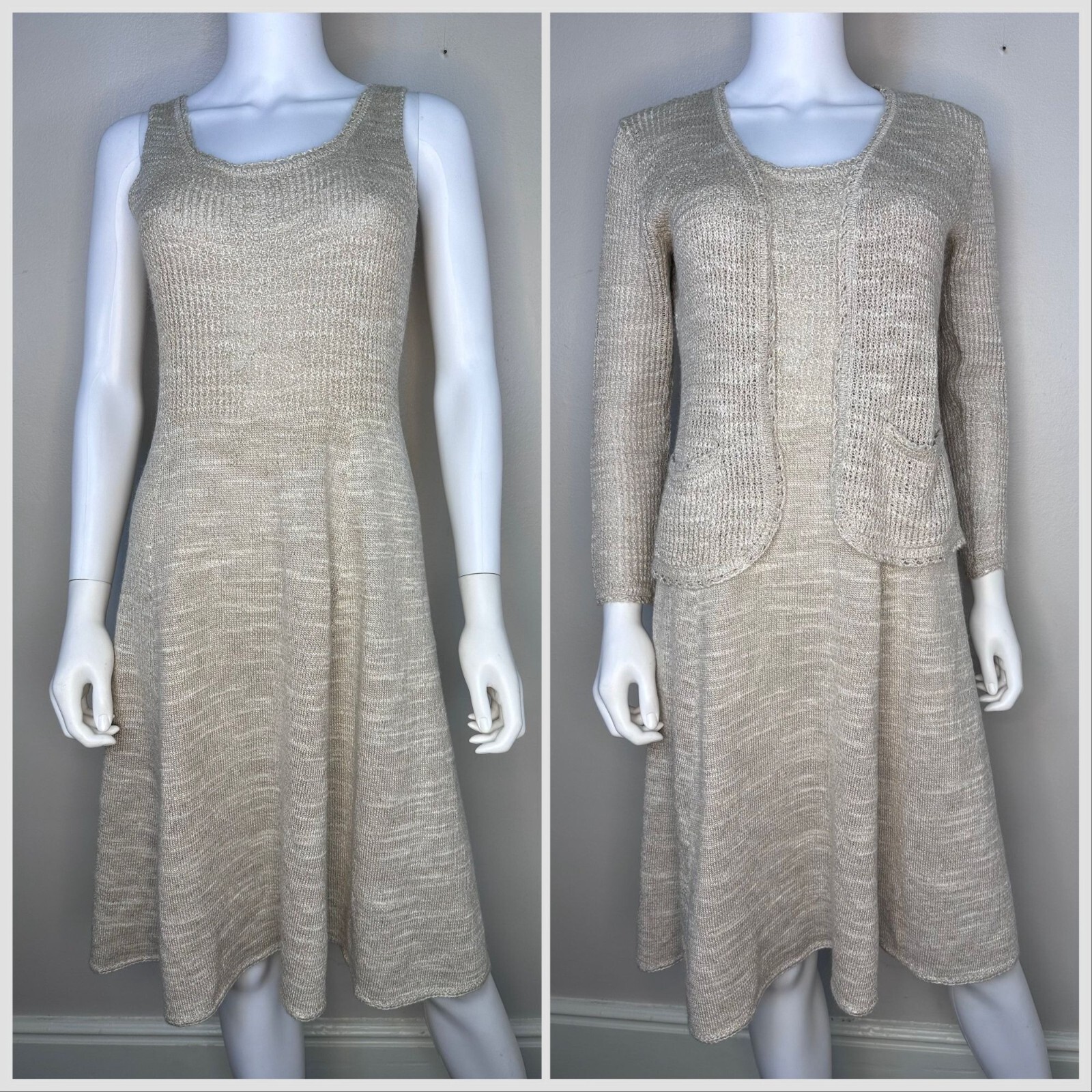 Vtg 1970s Beige Knit Sleeveless Dress Cardigan St John Knits by Marie Gray 70s