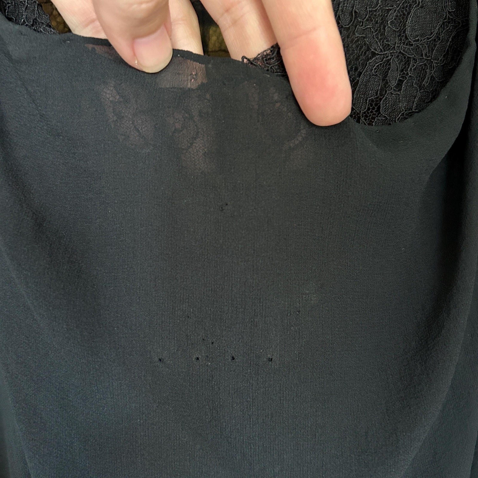 Vintage 30s Black Sheer Silk Chiffon Chantilly Lace Shirred Draped Flowy Midi