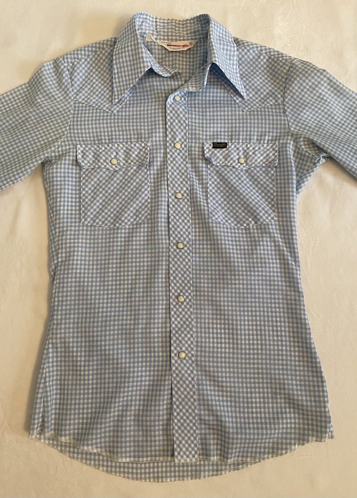 Vintage Wrangler Pearl Snap Western Shirt Womens Blue Gingham Size S Made In USA