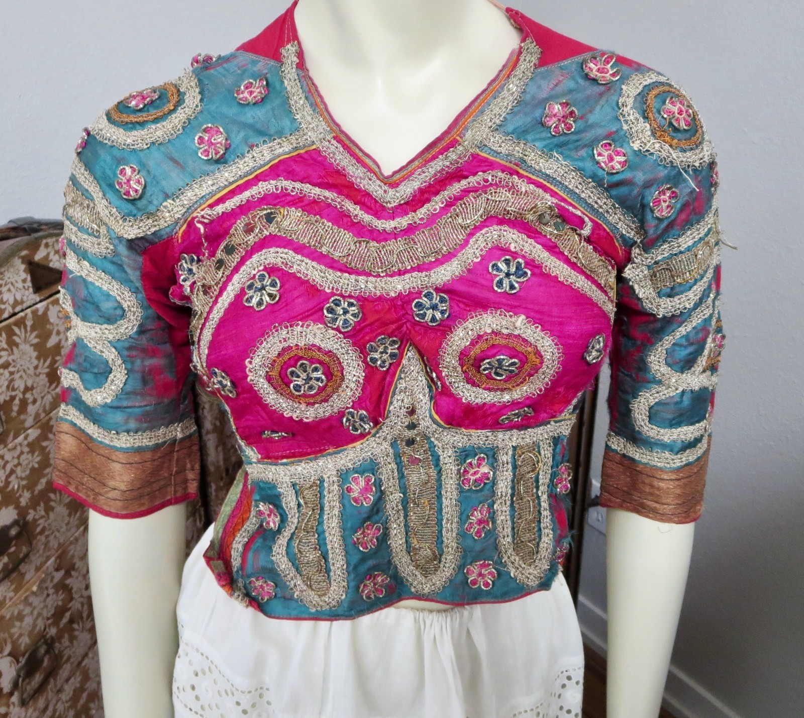Antique Indian Choli Tribal Banjara Top Silk Metallic Thread Embroidery Backless