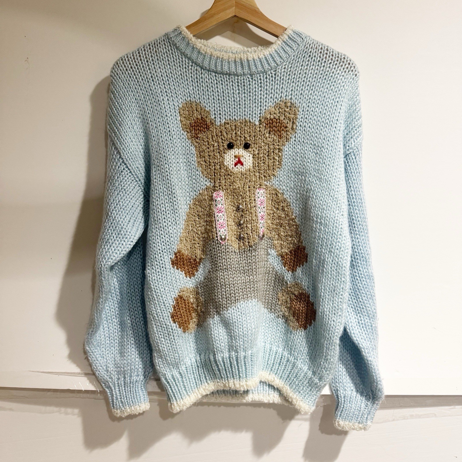 Color Cues Women Medium Hand Knit Sweater Korea 3D Teddy Bear Pastel Baby Blue