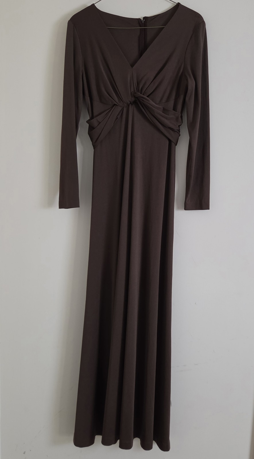 Vtg Miss Elliette CA Chocolate Brown Maxi Dress Deep V Long Sleeve Size S