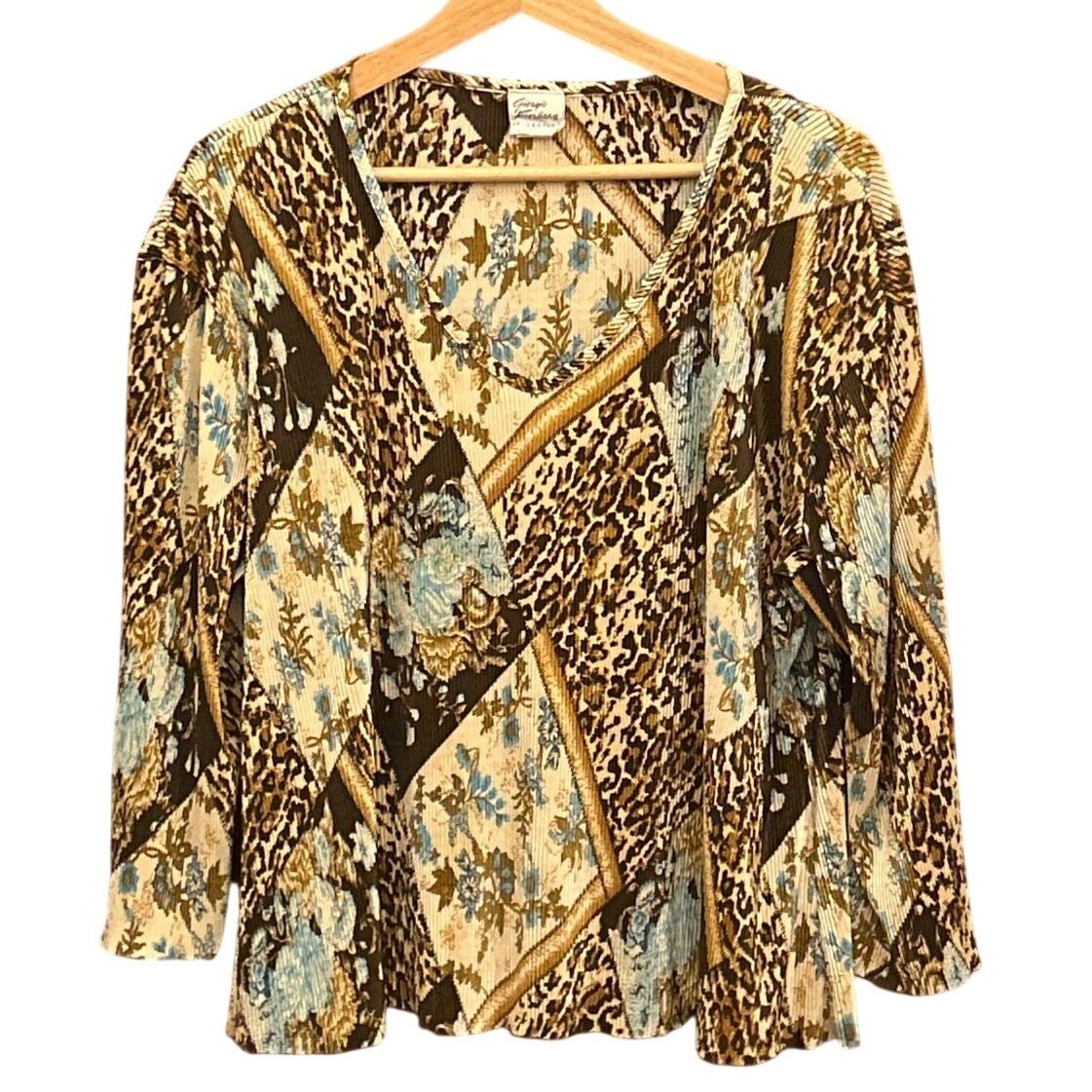 Vintage Giorgio Fiorlini Blouse Leopard Floral Patchwork Plisse Maximalist Chic