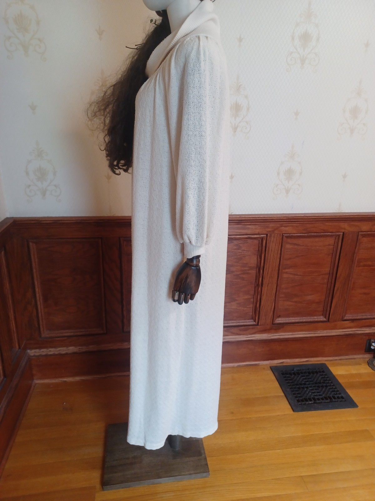 Vintage 1970s R. Michael Allen Ivory Boho Prairie Cowl Neck Knit Hostess Dress
