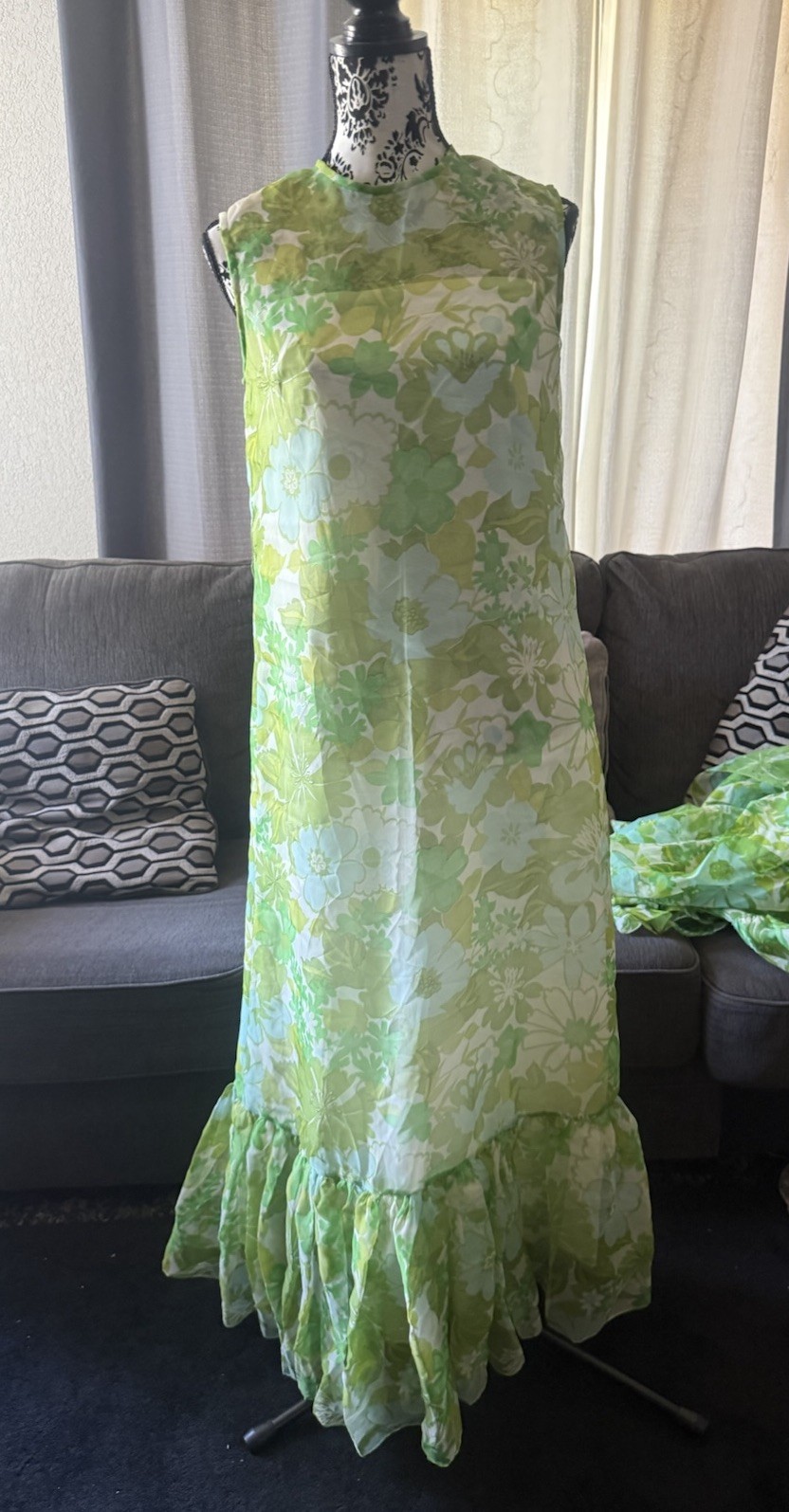 Vintage 70s ADDE California Green Floral dress & Shaw sleeveless
