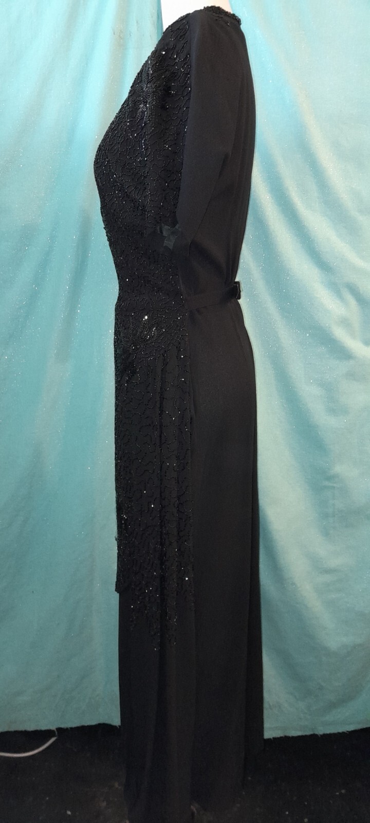 Vtg 1940s Rayon Crepe ENCRUSTED Beaded Black Evening Cocktail Long Sash Dress M