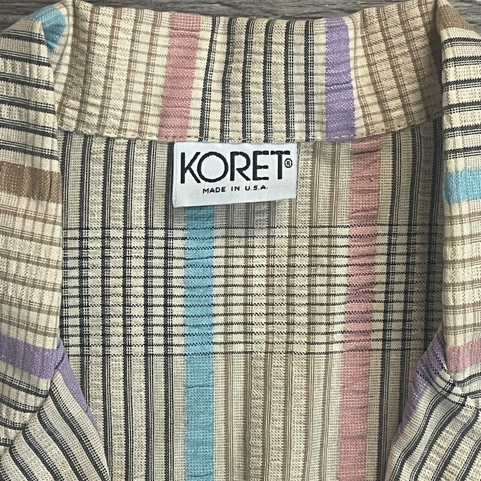 Vintage 80s 90s Seersucker Koret Beige Blue Pink Lavender Summer Casual Blazer