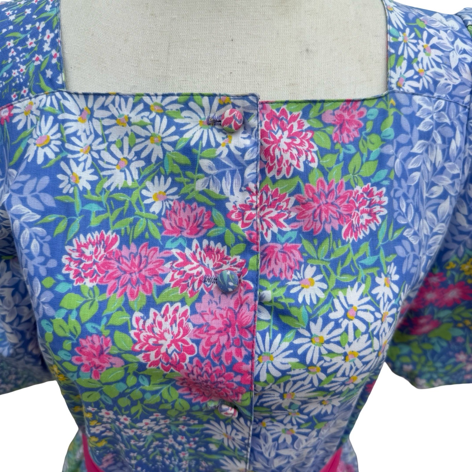 Petites by Willi Vintage Floral Puff Sleeve Midi Dress Blue Pink Size 4 USA Made