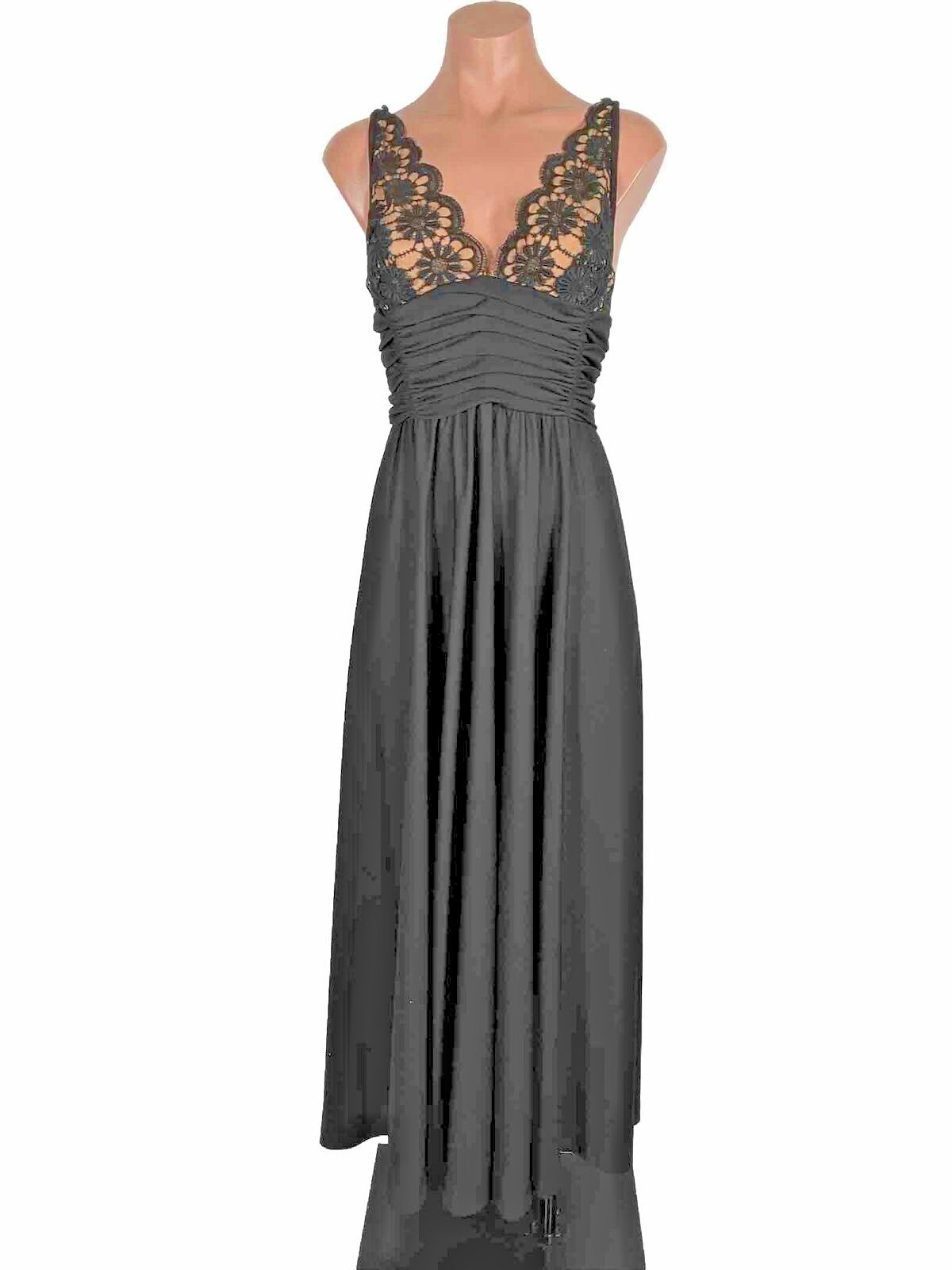 70s 60s Vintage Lilli Diamond Black Nude Lace Empire Waist Maxi Long Dress Gown