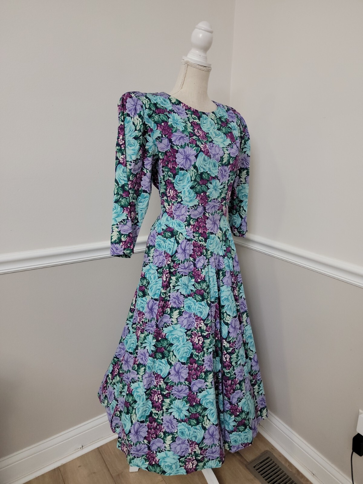 VTG Lavander Blue Floral Cottagecore Midi Tea Garden Party Dress 3/4 Sleeves