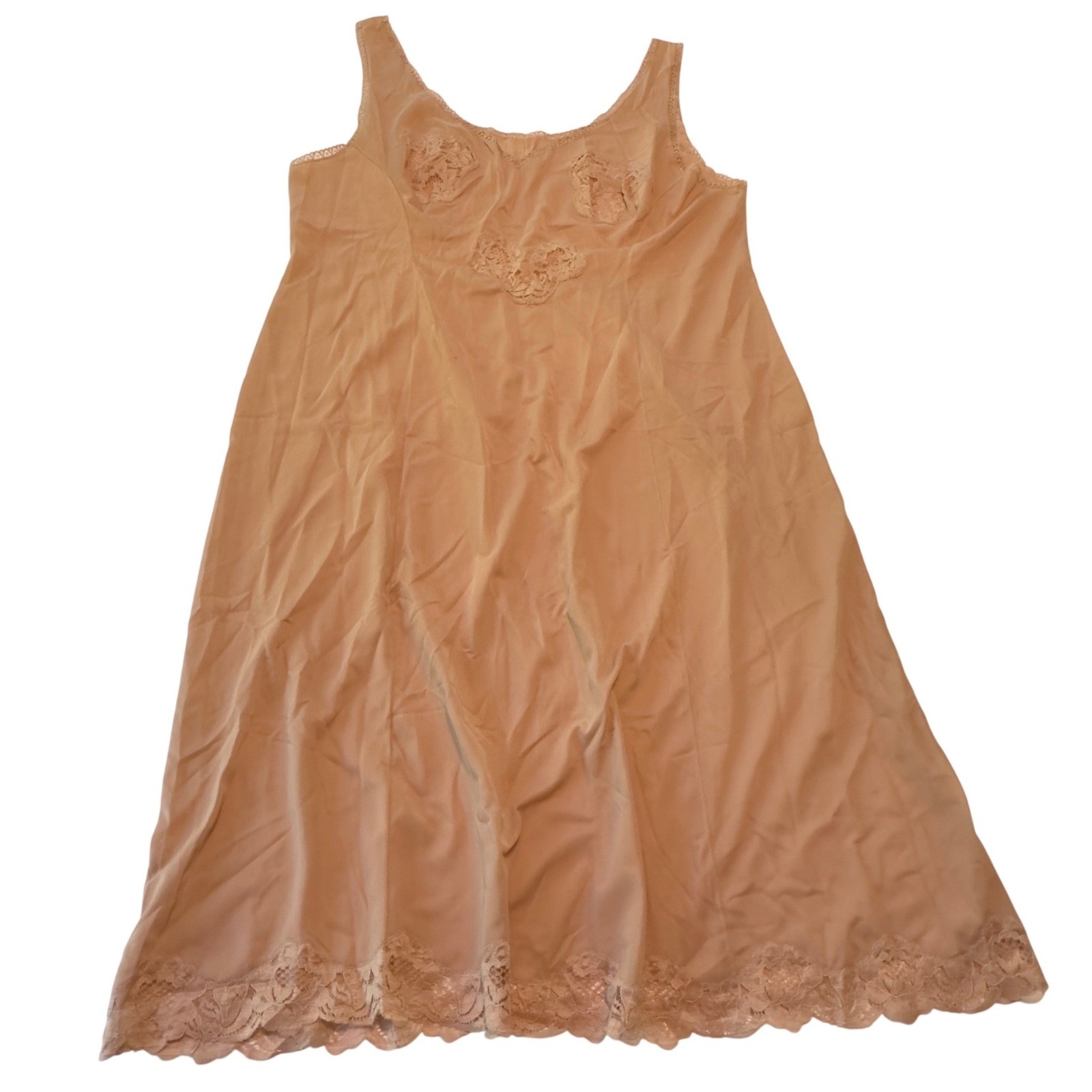 Vintage Italian Lace Trim Full Slip Dress Tan Nude Floral Applique Sz 6 Lingerie