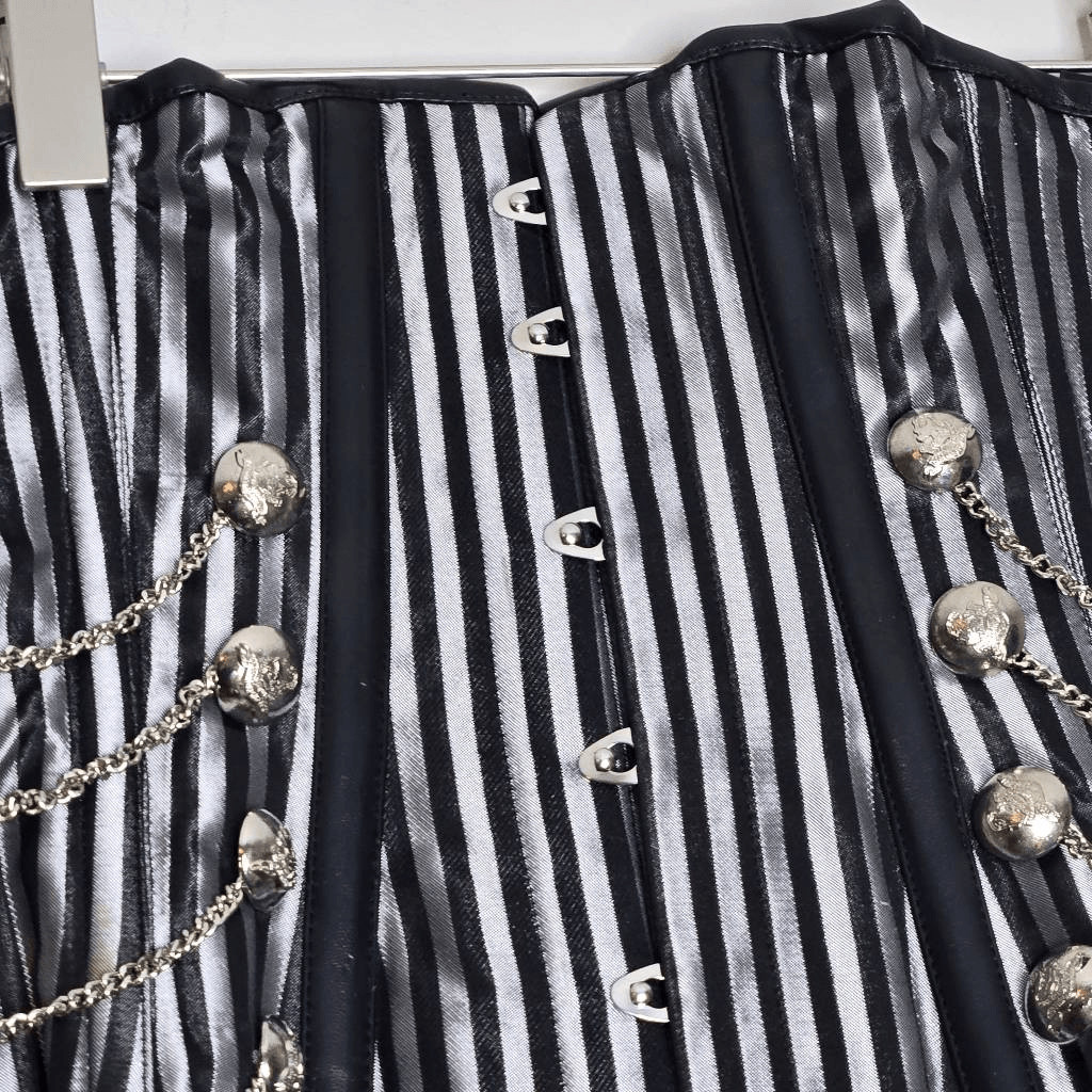 Silver Black Boned Corset Size 28 Stripe Button Chain Heavy Burlesque Steampunk