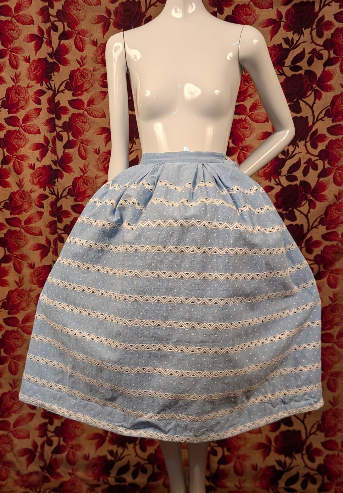 VINTAGE 1950’S BABY BLUE COTTON SKIRT W WHITE EMBROIDERY BY NELLY DE GRAB NY