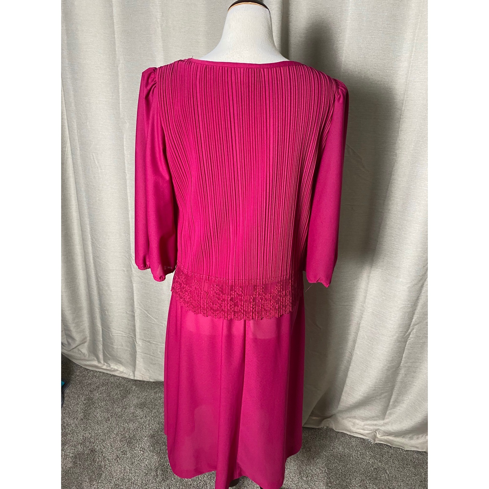 Vintage 70s Good Times Magenta Pink Pleated Midi Dress Bow Lace Trim Size 9/10