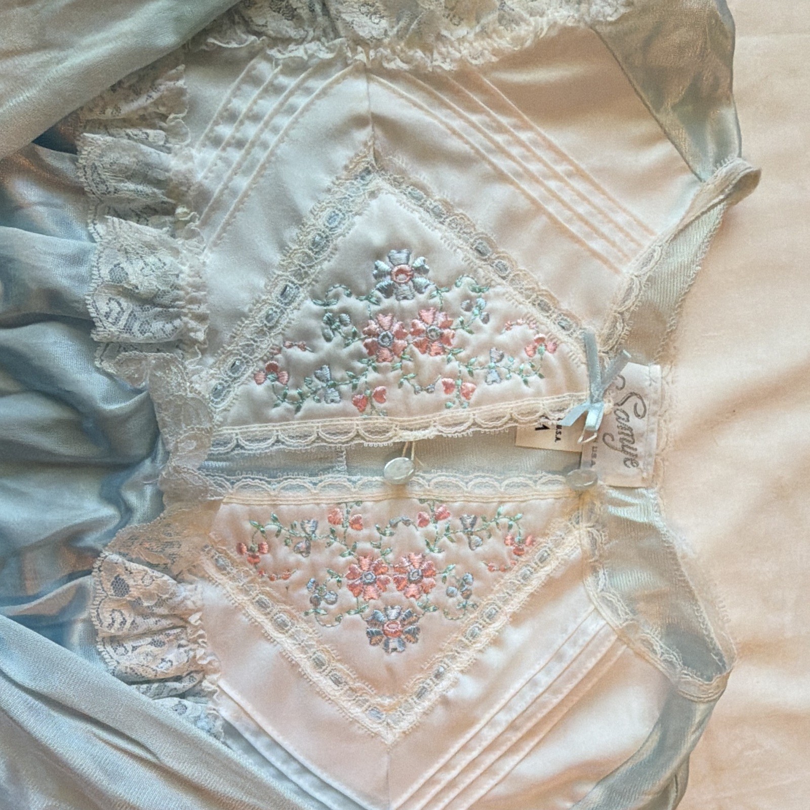 Vintage Light Blue Nightgown – Lace Detail – 3/4 Length Sleeves – Size S -USA