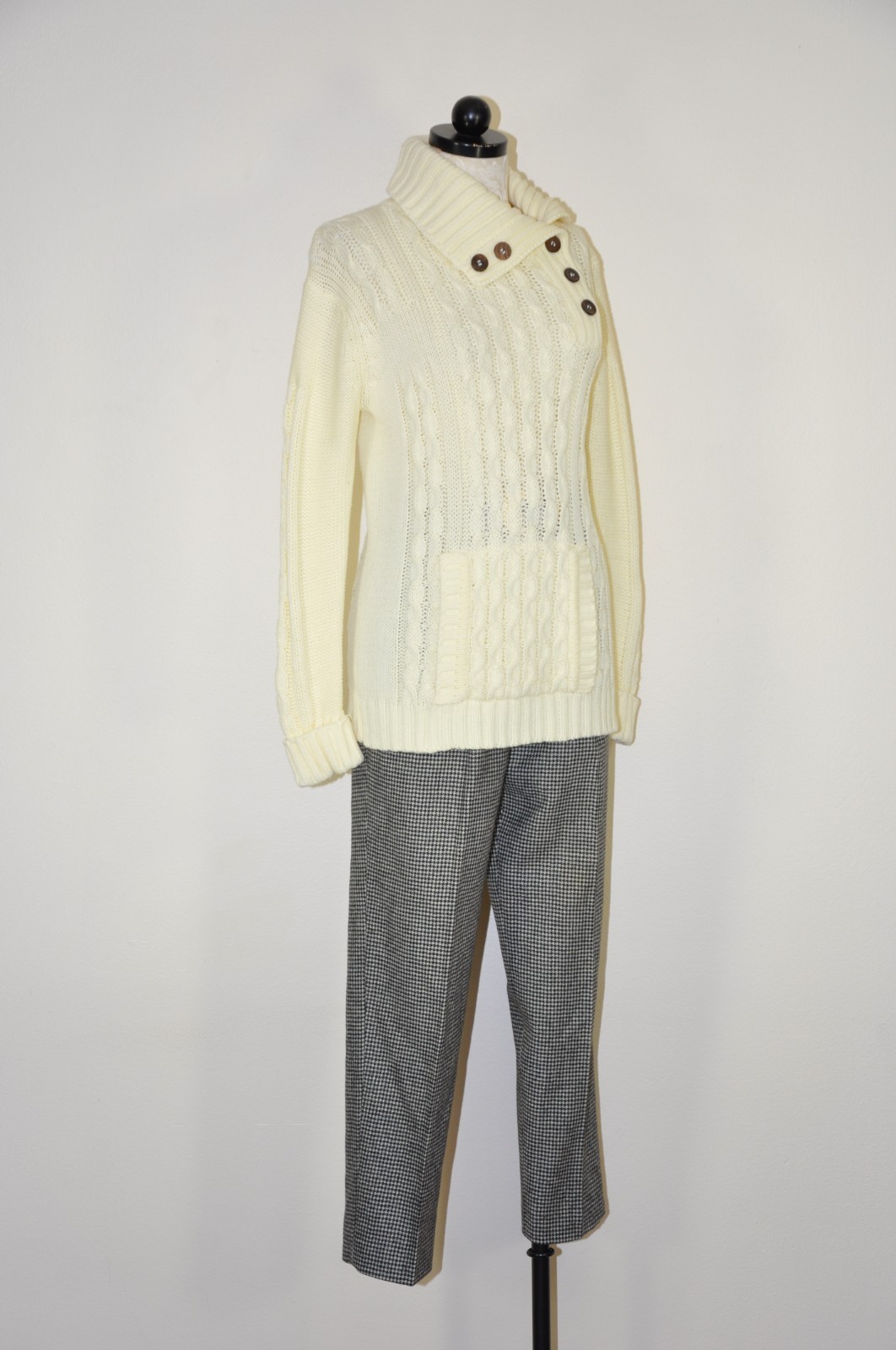 70s Vintage Cream Chunky Cable Knit Buttons Turtleneck Fisherman Sweater Women S