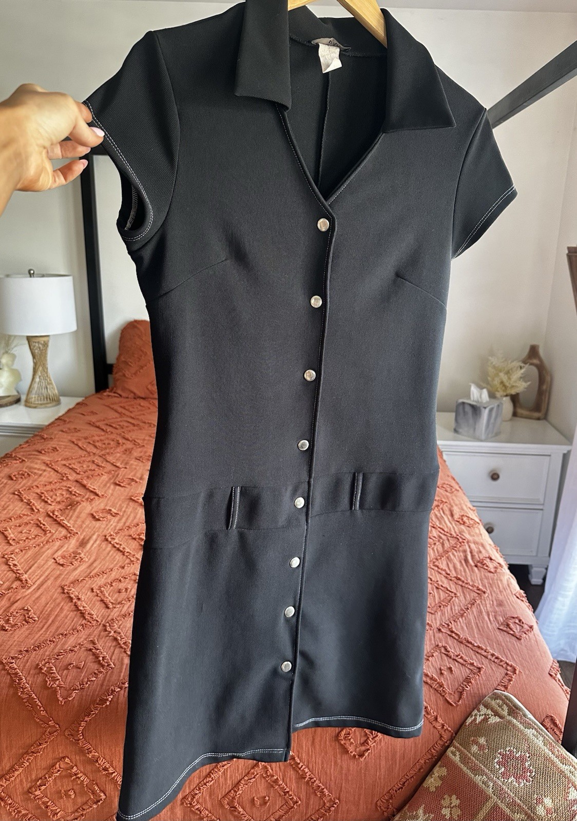 Vintage 90’s Black Drop Waist Collared Button Up Knee Length Dress