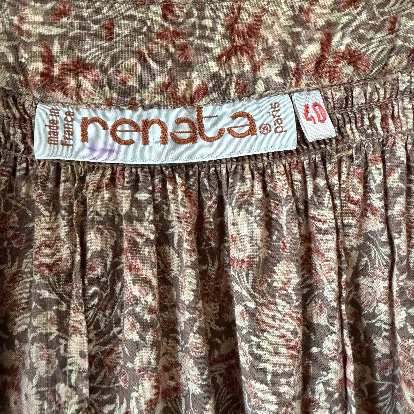 Vintage 70 Renata Paris Smocked Cotton Dress Neutral Floral S/M Made in France