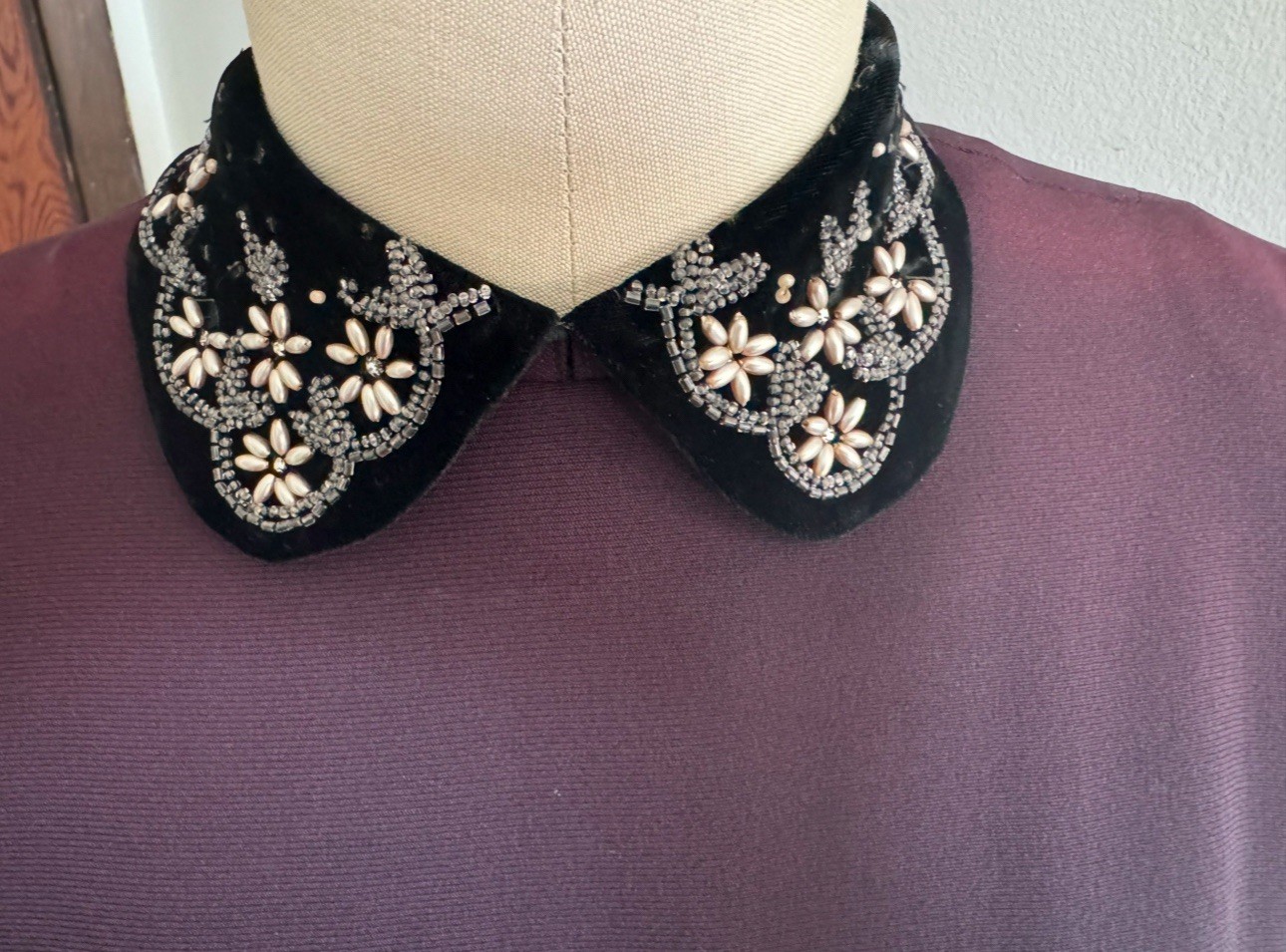 Vintage Dress Black/Purple Beaded Velvet Collar Button Zip Back SZ 10 Handmade?