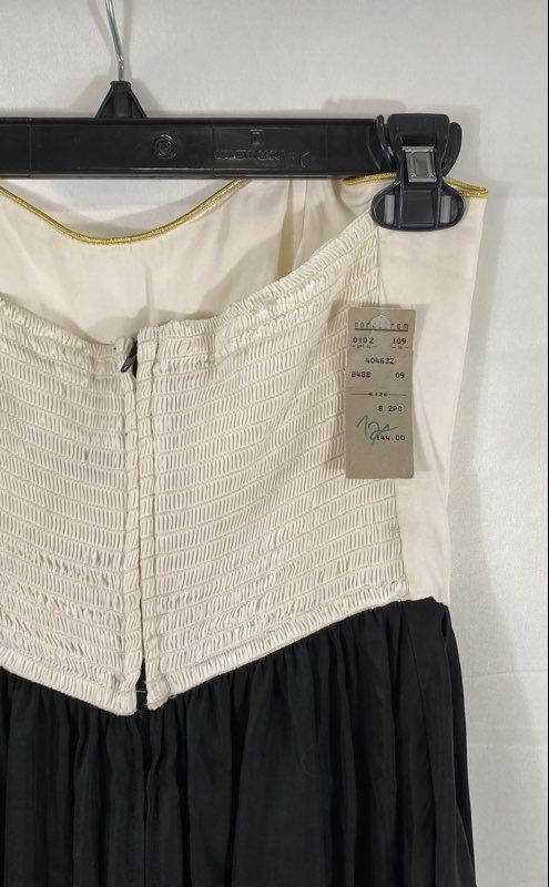 Vintage 80s D. Frank Strapless Smocked Jumpsuit White Black Gold Trim NWT Sz 8