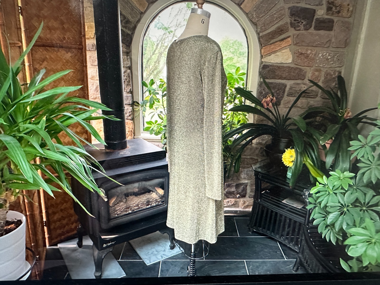 Vintage 1980s Black Metallic Gold and Silver Knit Dress Expo Made in USA
