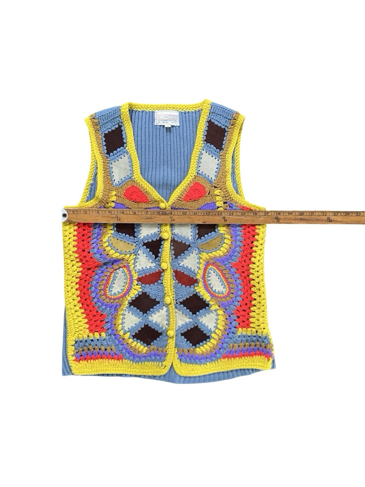 Vintage 70s Aware Acrylic Suede Multicolor Geometric Crochet Vest Size Medium
