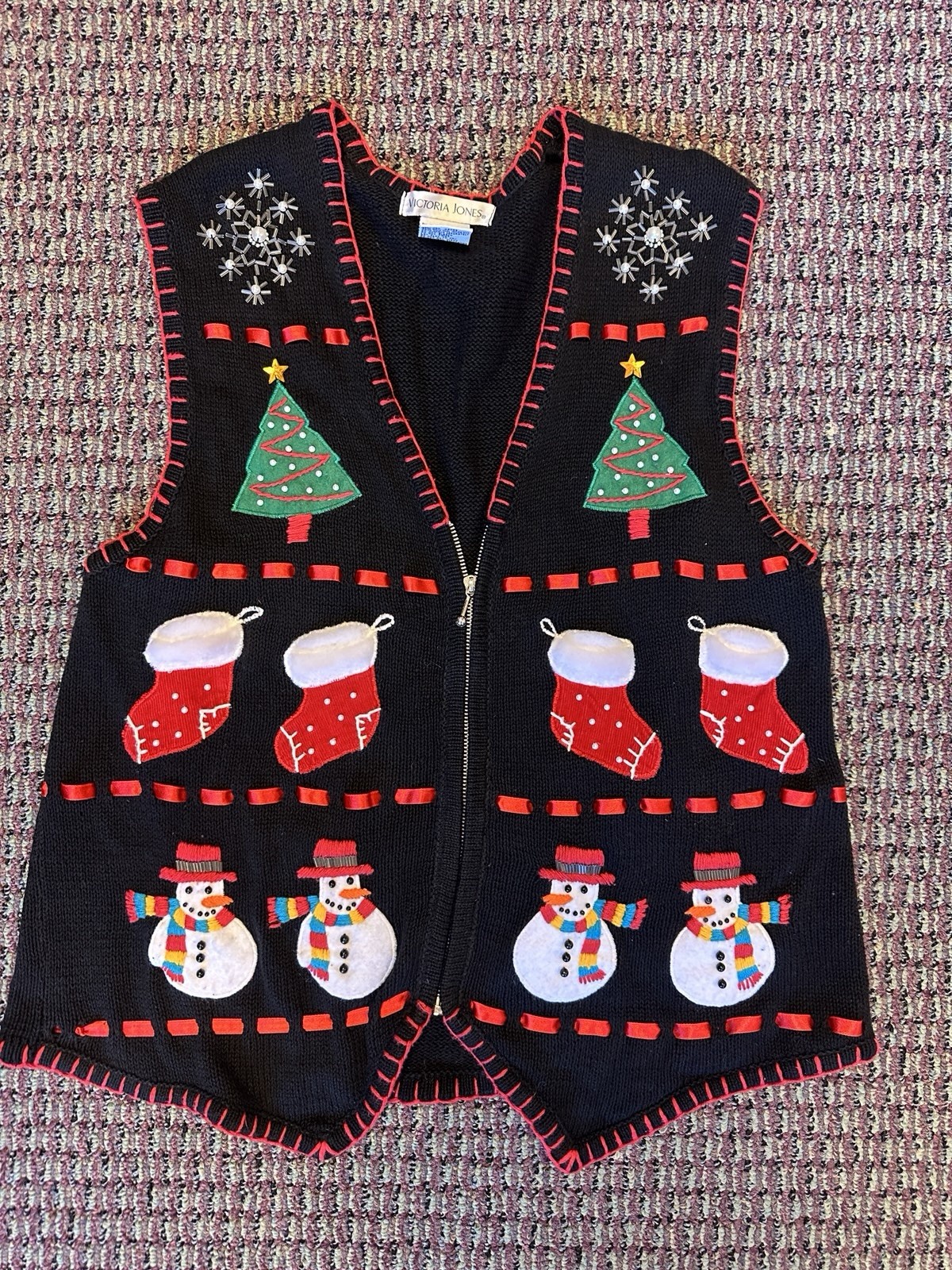 Vintage Ugly Christmas Sweater Vest Victoria Jones Snowmen Festive Holiday L