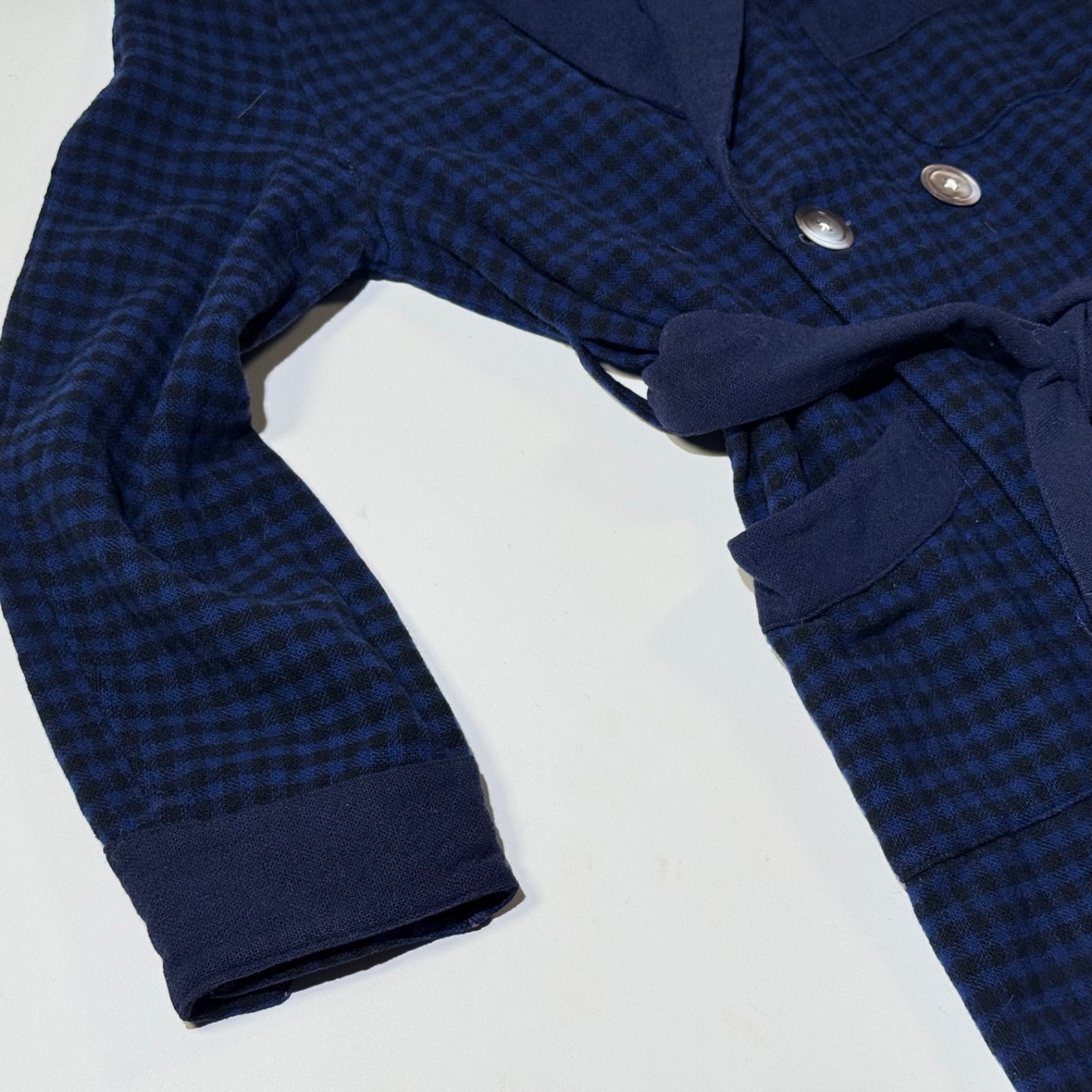 Double-Breasted Navy Blue And Black Gingham Check Wool Robe