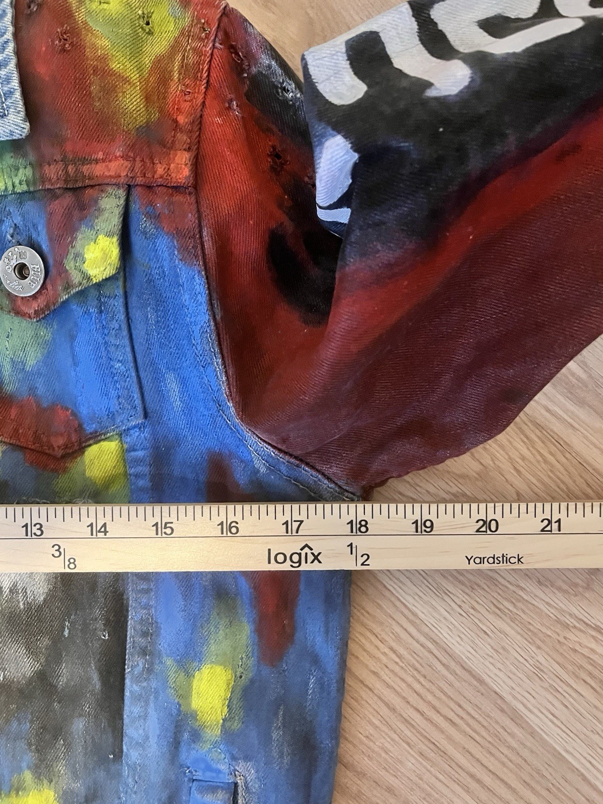 Jean Jacket Women Small Multicolor Upcycled Hand Painted Wearable Art Thrashed