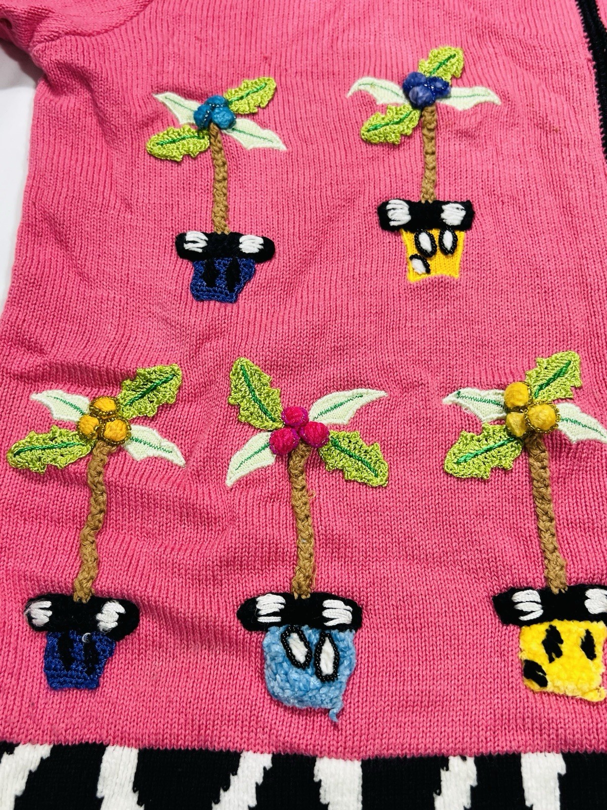 Vintage Embroided Knit Cardigan Sweater Jack B Quick Pink Plants Ugly Sweater