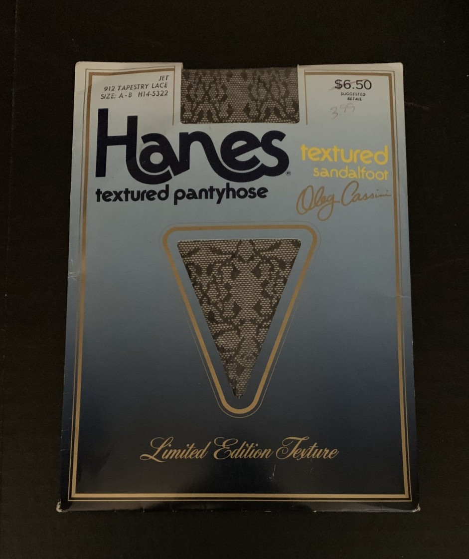 Vtg 1980s Hanes Textured Pantyhose Oleg Cassini TAPESTRY LACE Jet Black Sz A-B