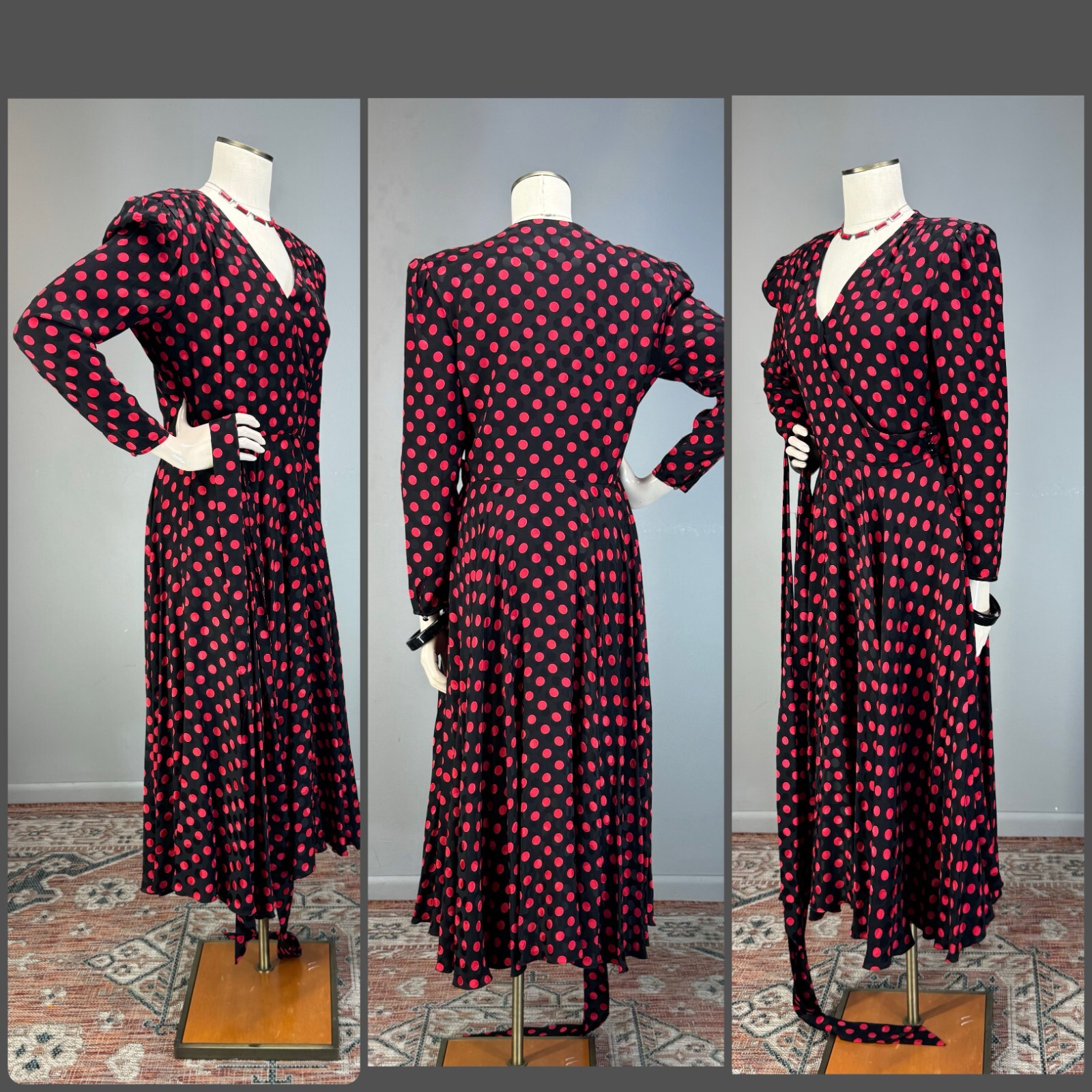 80s Silk Designer Wrap Shirt Dress Albert Nipon Polka Dot Red Black 200+ sweep!!