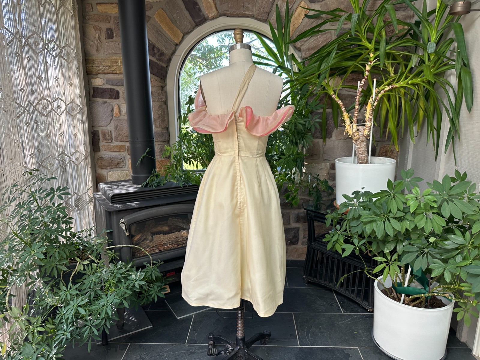 Vintage 1950s Ivory and Pink Silk Organza Off Shoulder Formal Dress Wounded Bird