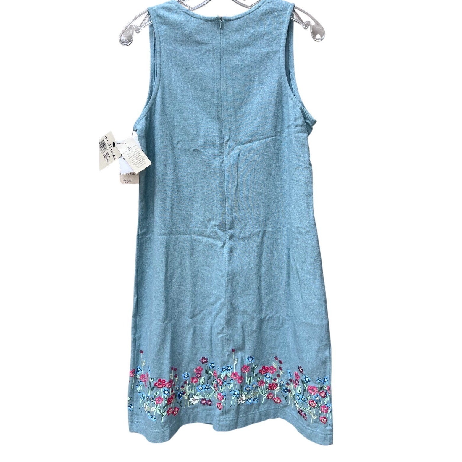 VINTAGE Linen Blend Floral Embroidered Dress soft blue intricate embroidery