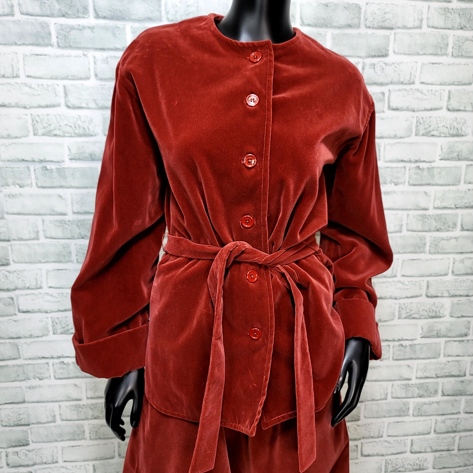 Vintage 70s Lenexa Place Rust Velour 2Pc Skirt Suit Set Belted Maxi USA ILGWU