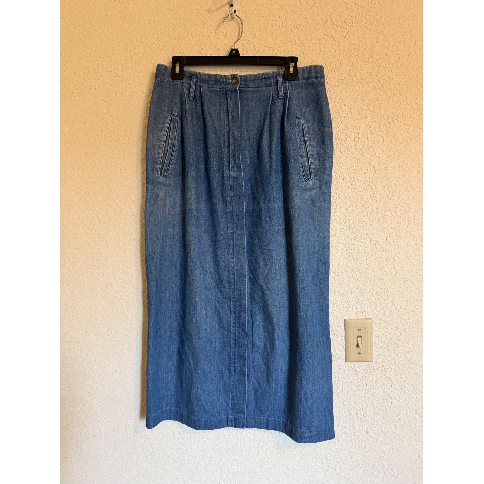 Vintage Bushwacker USA Denim Maxi Skirt Blue 100% Cotton Pleated High Rise 10