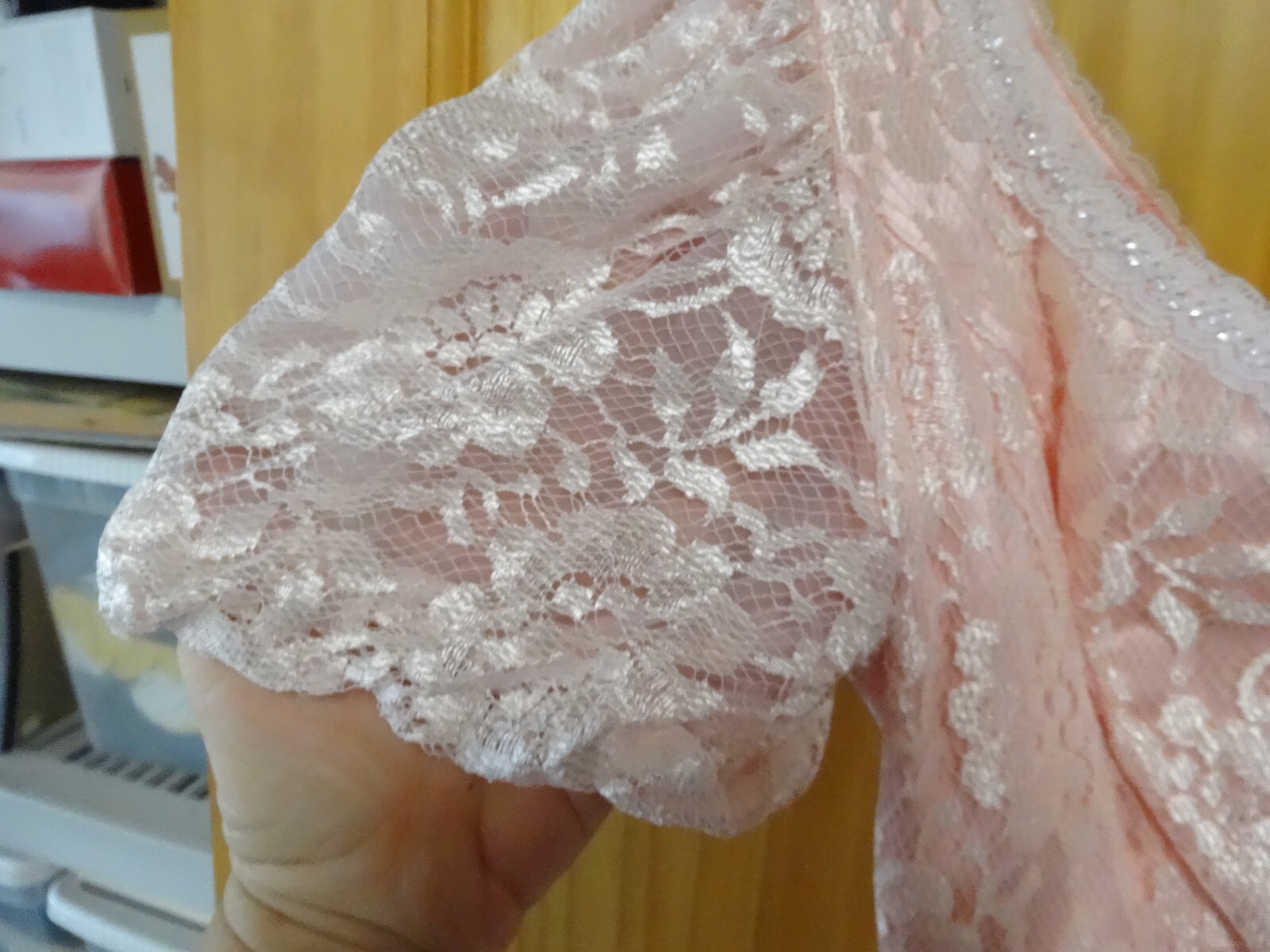 Vtg 80s Powder Pink Lace over satin Evening Wedding Prom Dress UNION Made 7/8
