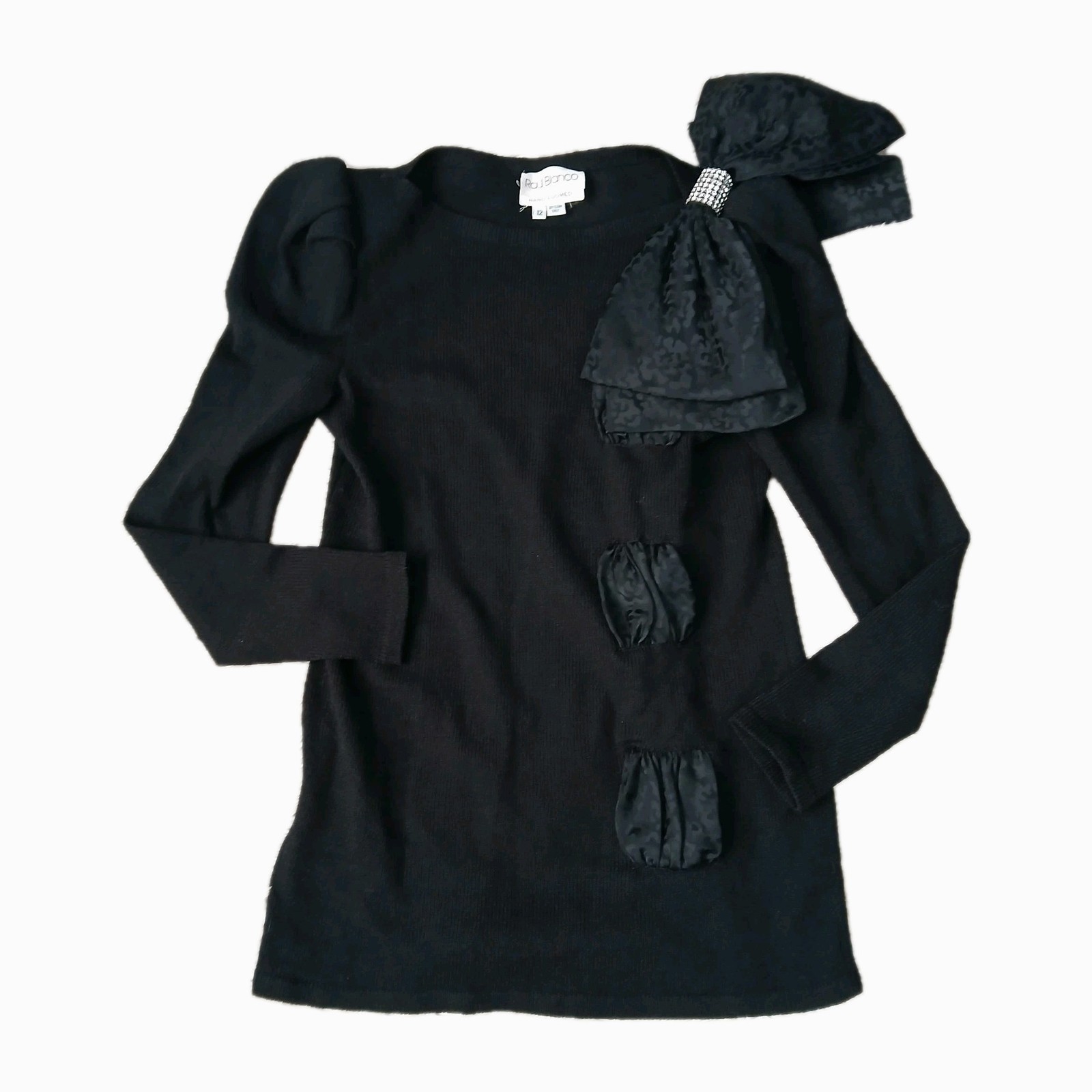 Vintage Raul Blanco Black Knit Sweater Dress Sz 12 Rhinestone Bow Glam Statement