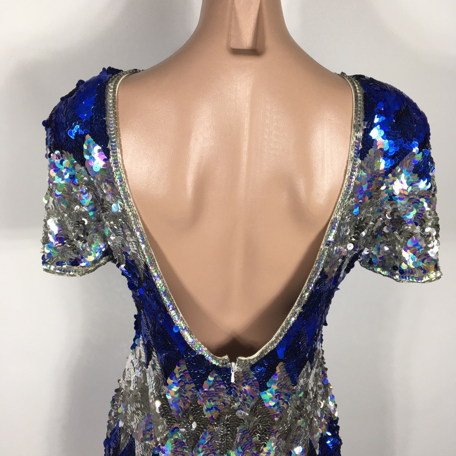 Vintage Iridescent Sequin Low Open Back Party Dress Mini Beaded – Size M