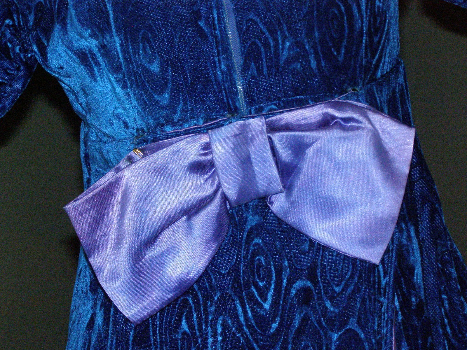 Vintage 60’s royal blue swirl VELVET maxi dress S M BOW back & hair comb regal