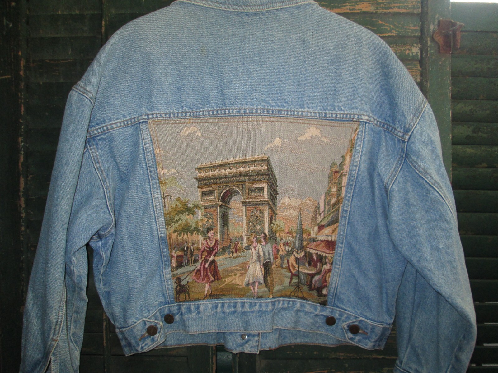 KAREN KANE Vtg 90s Arc de Triomphe Tapestry Custom Denim Jean Jacket LADIES USA