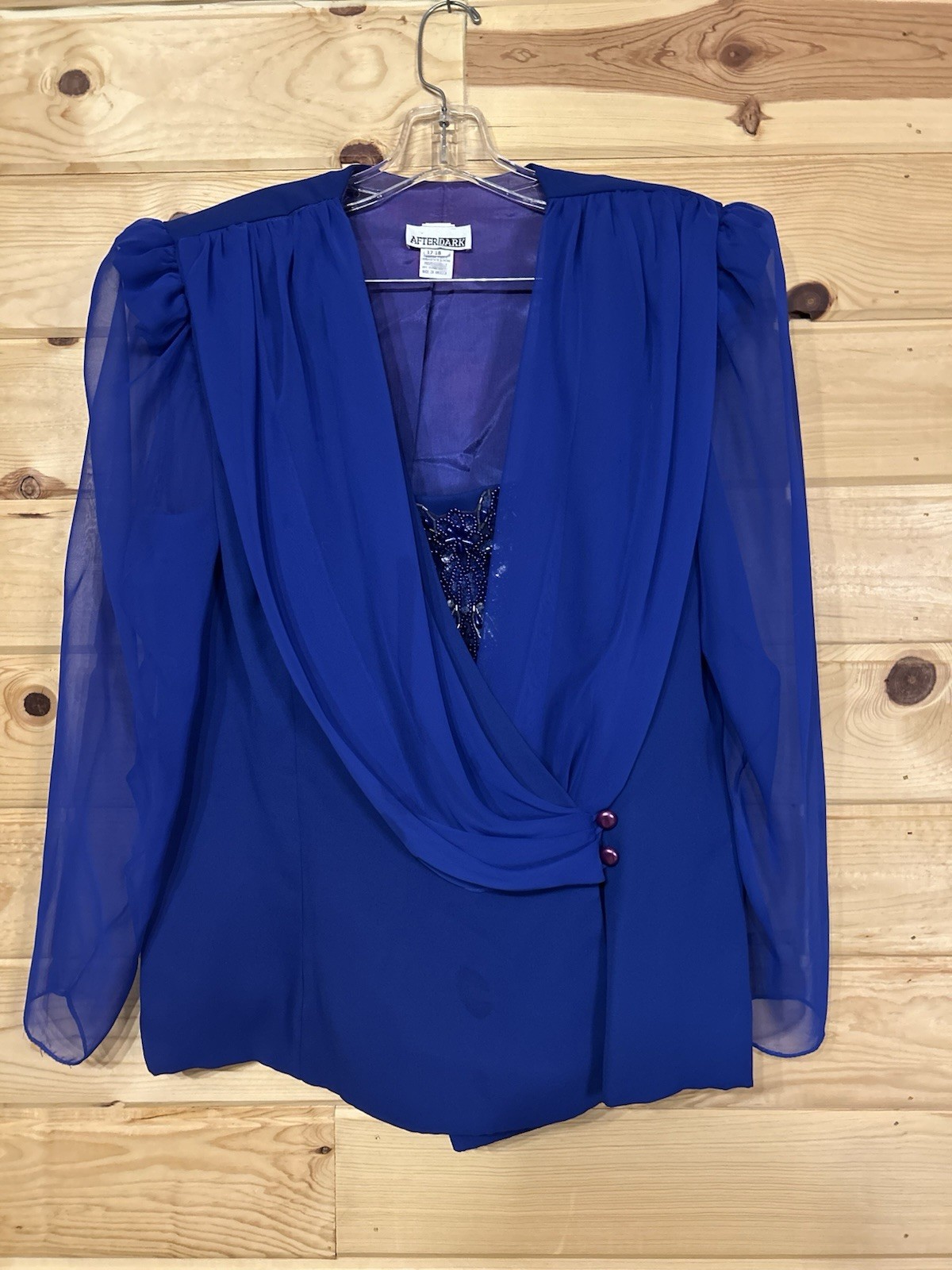 Vintage After Dark Beaded Evening Blouse Womens 17/18 Royal Blue Sheer Top