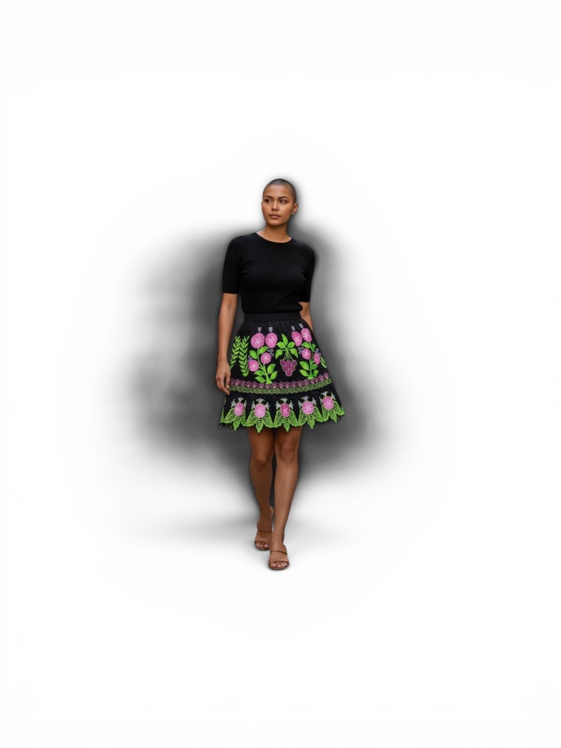 Vintage Embroidered Floral Folk Art Skirt Black Pink Green Elastic Waist