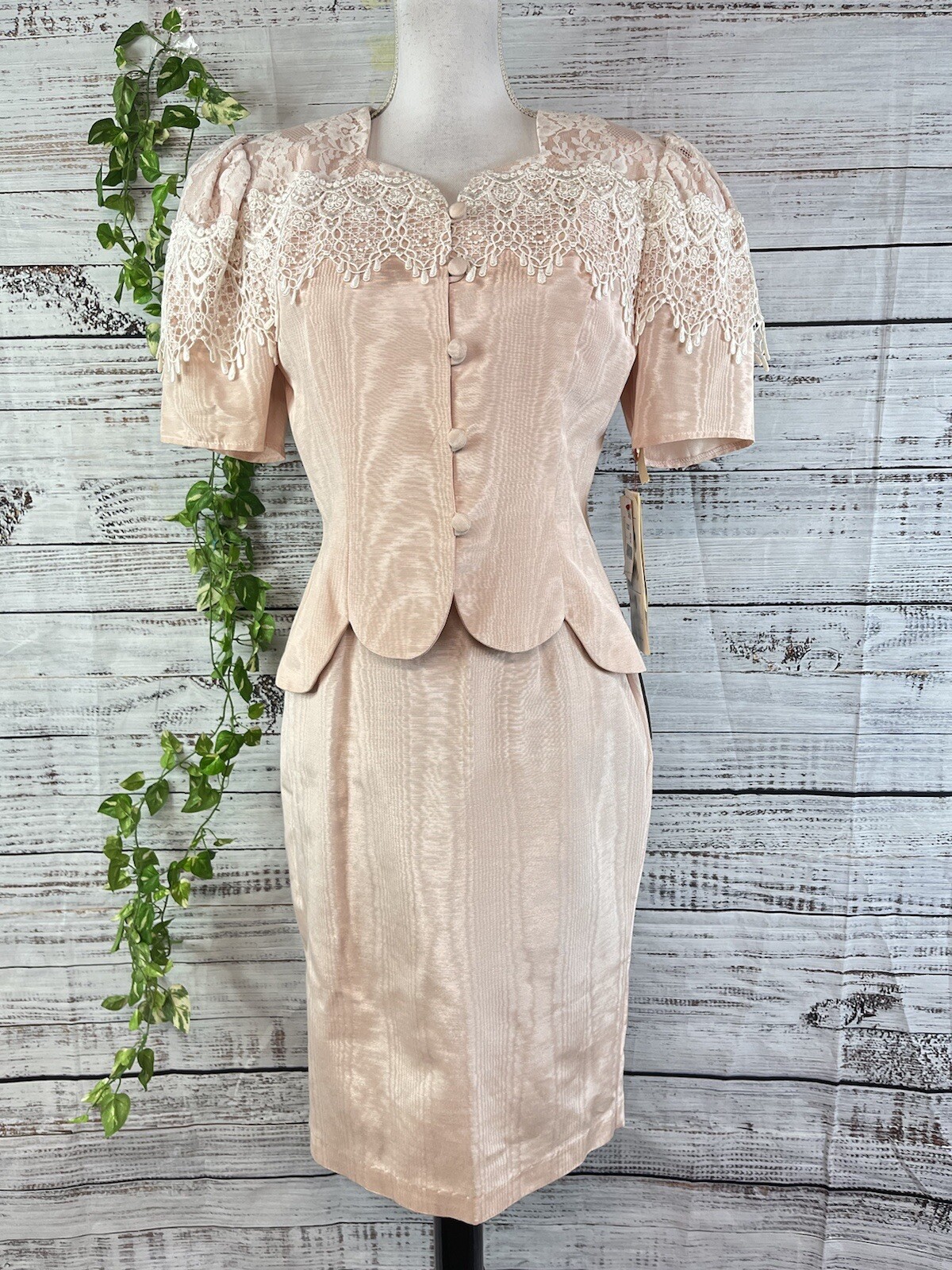 Scott McClintock 80s Vintage Pink Taffeta Lace Skirt Suit Size 8 Wedding Prom